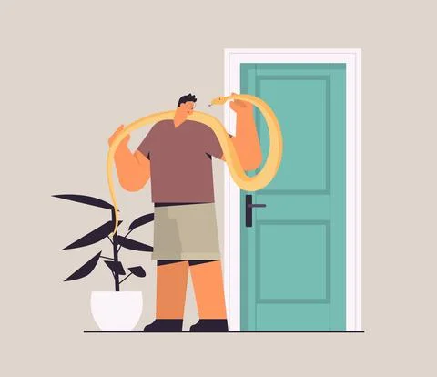 Man holding yellow python snake guy having dangerous reptile pet horizontal full Stock Illustration