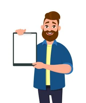 Man holding/showing a blank clipboard/report/document. Vector cartoon. Stock Illustration