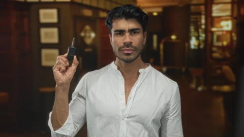 Man holds black key remote while raising index finger near building lobby r.. Vídeos de archivo 313034540