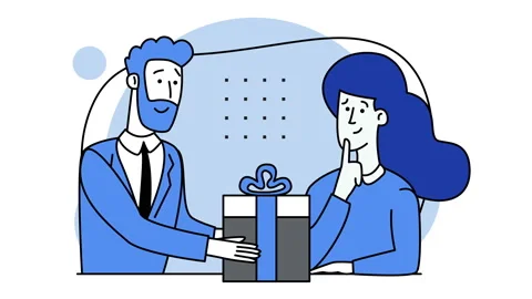 Man holds box in his hands and gives a gift to a woman. Girl waiting for a gift. Stock Footage 157955302