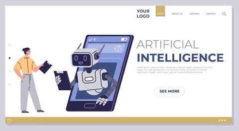 A man holds a clipboard while interacting with a friendly robot coming out of Stock Illustration