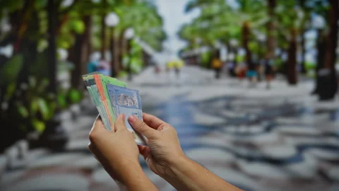 Man holds colorful malaysian ringgit banknotes on a vibrant urban street re.. Stock Footage 310048343