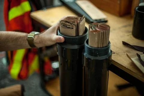 Man holds a container full of sheaths Man on construction site holds stear... Stock Photos
