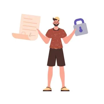 A man holds a contract or document in his hands. Smart contract concept. Data Stock Illustration