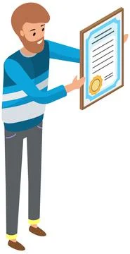 Man holds diploma, educational document. Paper as symbol of graduation or Stock Illustration