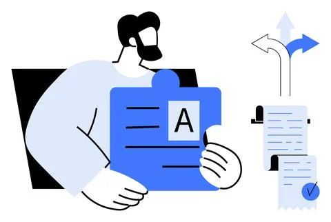 A man holds a document while considering multiple paths. There are arrows ind Stock Illustration