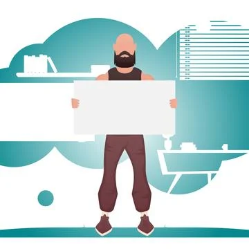 A man holds an empty tablet in his hands. Place for your advertisement. Carto Stock Illustration