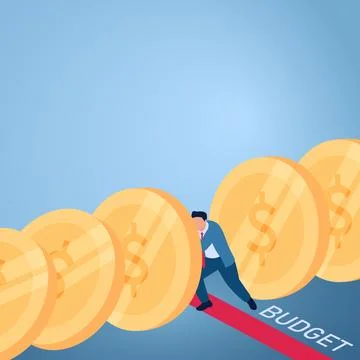 A man holds falling coins to keep them from going over the budget limit, an.. Illustrazione stock