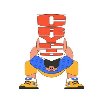 A man holds a falling crypto arrow. funny character. Stock Illustration