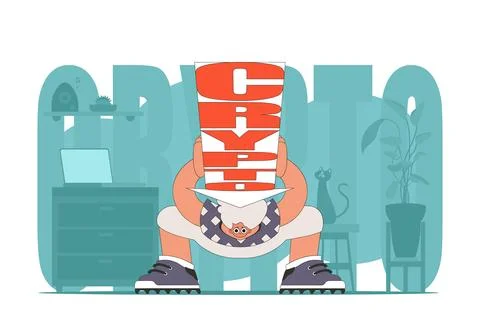 A man holds a falling cryptocurrency. funny character. Cryptocurrency theme. Stock Illustration