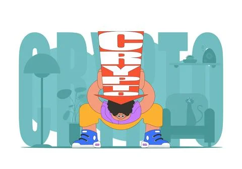 A man holds a falling cryptocurrency. funny character. Cryptocurrency concept Stock Illustration