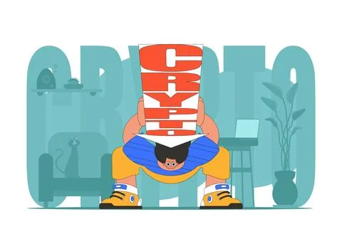 A man holds a falling cryptocurrency. positive character. Cryptocurrency an.. Stock Illustration