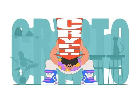 A man holds a falling cryptocurrency. positive character. The concept of in.. Stock Illustration