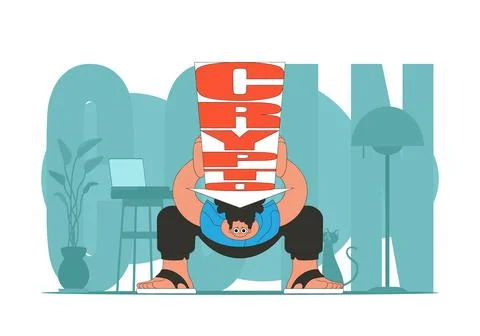 A man holds a falling cryptocurrency. positive character. Cryptocurrency them Stock Illustration