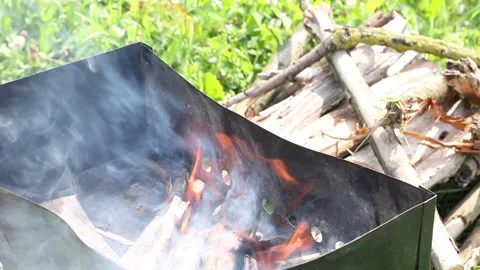 A man holds fire on the grill. Adds firewood to the fire. Nearby are firewood Stock Footage 134974377