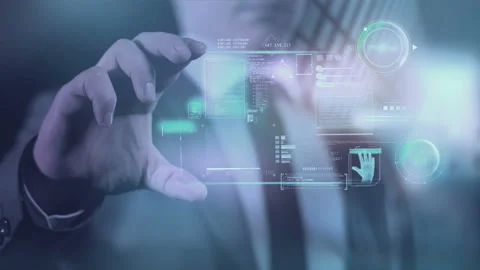 A man holds a gadget with infographic data in his hands. 스톡 동영상 149687083
