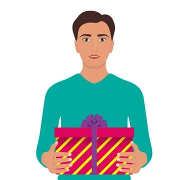Man holds a gift in front of him. Man holding beautiful gift box with ribbons Stock Illustration