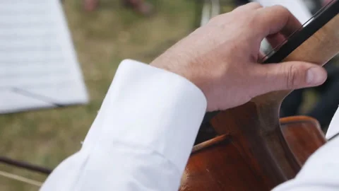 A man holds his hand on a string of a musical instrument. Plays the cello Stock Footage 140756821