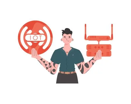 A man holds the internet of things logo in his hands. Router and server. Inte Illustrazione stock