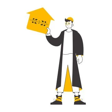 A man holds the internet of things logo in his hands. Trend lineart style. Is Stock Illustration