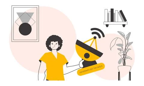 A man holds the internet of things logo in his hands. Linear modern style. .. Stock Illustration