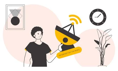 A man holds the internet of things logo in his hands. Lineart style. Vector.. Stock Illustration