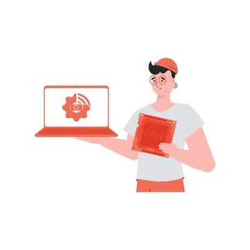 A man holds a laptop and a processor chip in his hands. Internet of things an Illustrazione stock