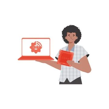 A man holds a laptop and a processor chip in his hands. IOT and automation co Stock Illustration