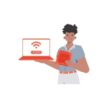 A man holds a laptop and a processor chip in his hands. IOT and automation co イラスト素材