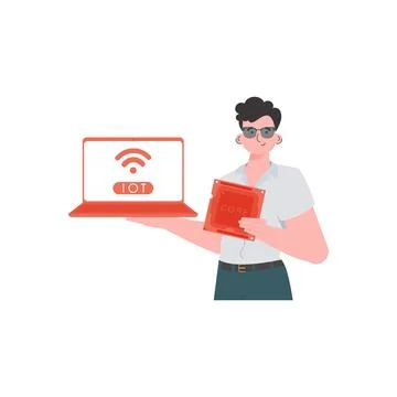 A man holds a laptop and a processor chip in his hands. IOT and automation co Stock Illustration