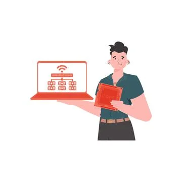 A man holds a laptop and a processor chip in his hands. IOT and automation co Stock Illustration