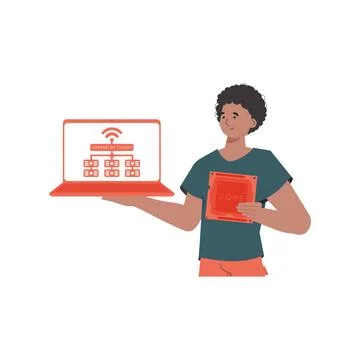 A man holds a laptop and a processor chip in his hands. Internet of things co 스톡 일러스트
