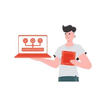 A man holds a laptop and a processor chip in his hands. Internet of things co イラスト素材