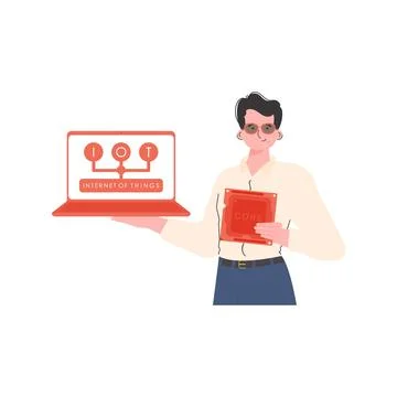 A man holds a laptop and a processor chip in his hands. Internet of things co Illustrazione stock