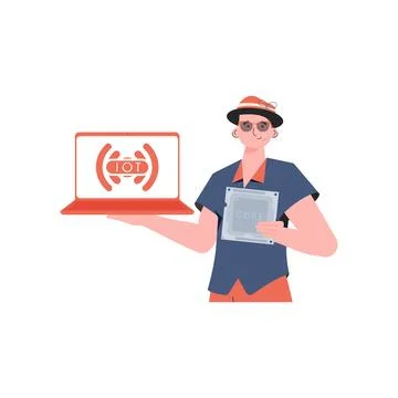 A man holds a laptop and a processor chip in his hands. Internet of things co Stock Illustration