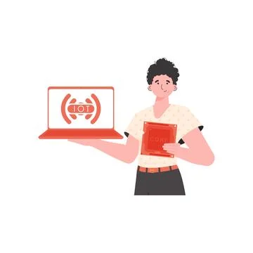 A man holds a laptop and a processor chip in his hands. IoT concept. Isolated Stock Illustration