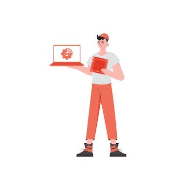 A man holds a laptop and a processor chip in his hands. IoT concept. Isolated Illustrazione stock
