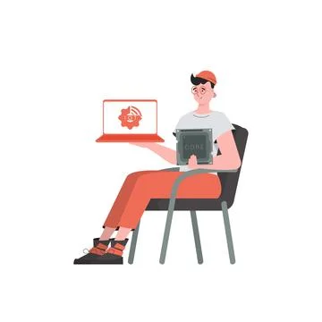A man holds a laptop and a processor chip in his hands. IoT concept. Isolated Stock Illustration