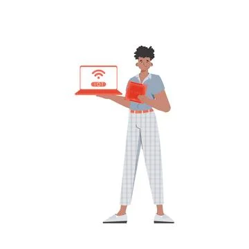 A man holds a laptop and a processor chip in his hands. Internet of things an Stockillustratie