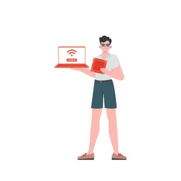 A man holds a laptop and a processor chip in his hands. Internet of things an 库存插图