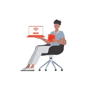 A man holds a laptop and a processor chip in his hands. Internet of things an Stock Illustration