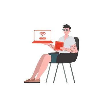 A man holds a laptop and a processor chip in his hands. IOT and automation co 스톡 일러스트