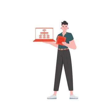 A man holds a laptop and a processor chip in his hands. IOT and automation co Illustrazione stock