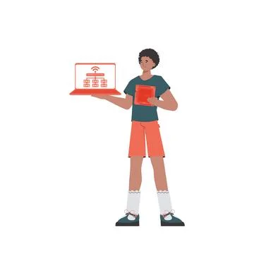 A man holds a laptop and a processor chip in his hands. Internet of things co Stockillustratie