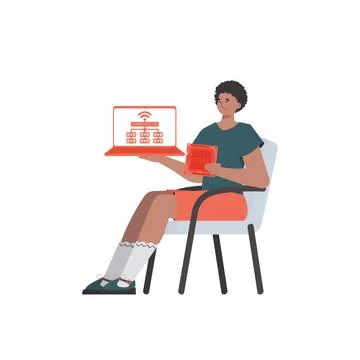 A man holds a laptop and a processor chip in his hands. Internet of things co 스톡 일러스트