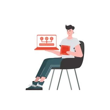 A man holds a laptop and a processor chip in his hands. Internet of things co Illustrazione stock