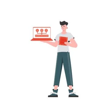 A man holds a laptop and a processor chip in his hands. IoT concept. Isolated イラスト素材