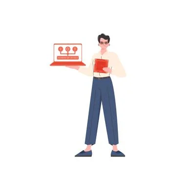 A man holds a laptop and a processor chip in his hands. IoT concept. Isolated 스톡 일러스트
