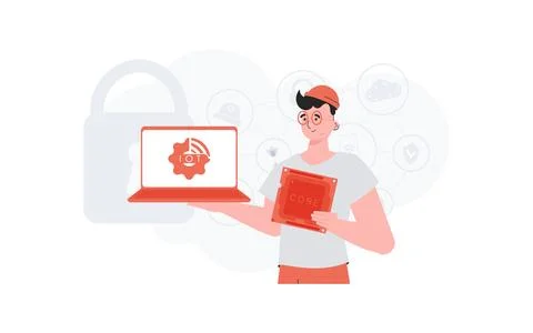 A man holds a laptop and a processor chip in his hands. Internet of things an Illustrazione stock
