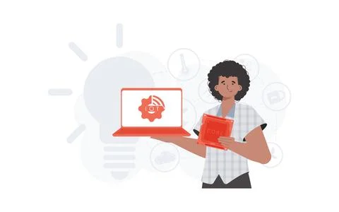 A man holds a laptop and a processor chip in his hands. Internet of things an Illustrazione stock